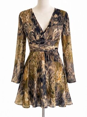 Zara Olive, Black & Cream Printed Wrap-Style Long Sleeve Dress